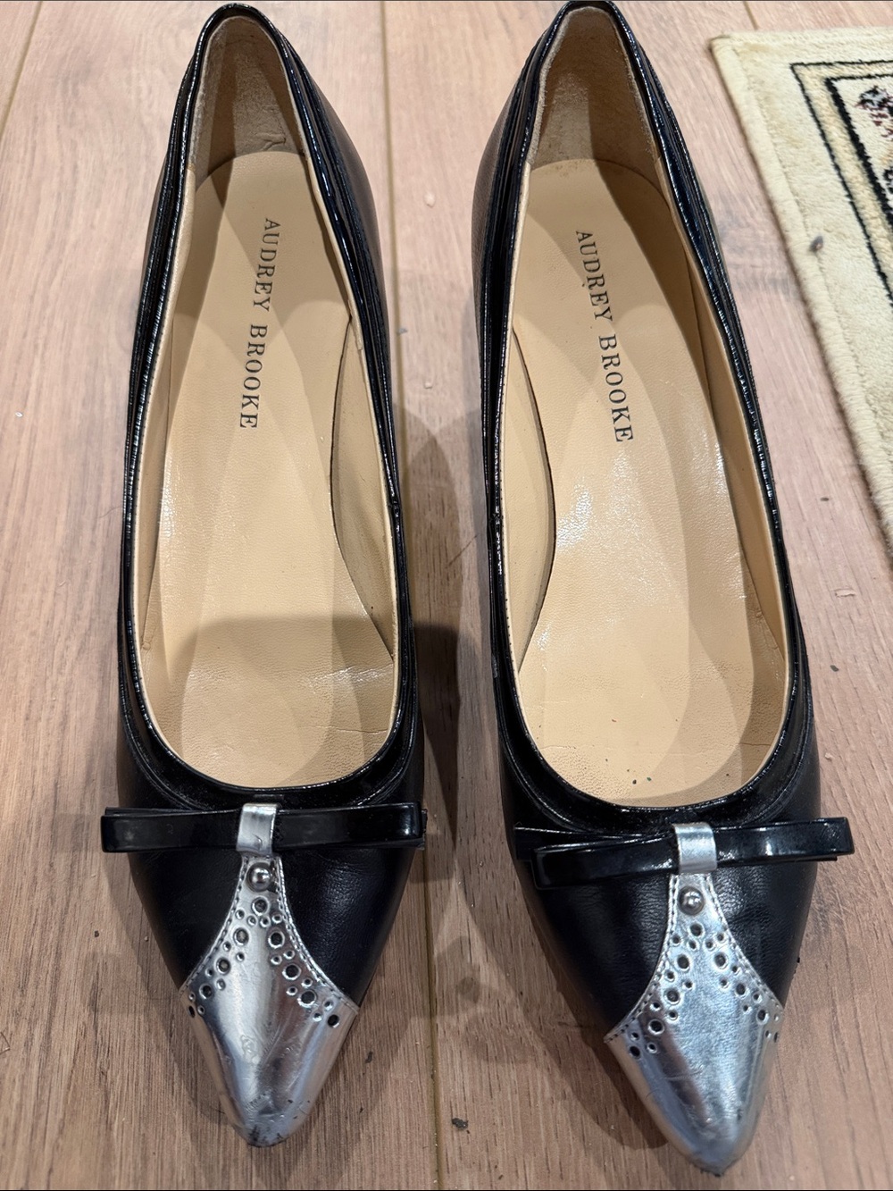 Audrey Brooke Black Pointed Flats with Silver Toe Cap